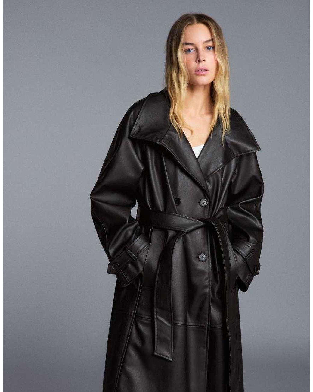 Bershka Black Long Leather Effect Belt Trench Coat