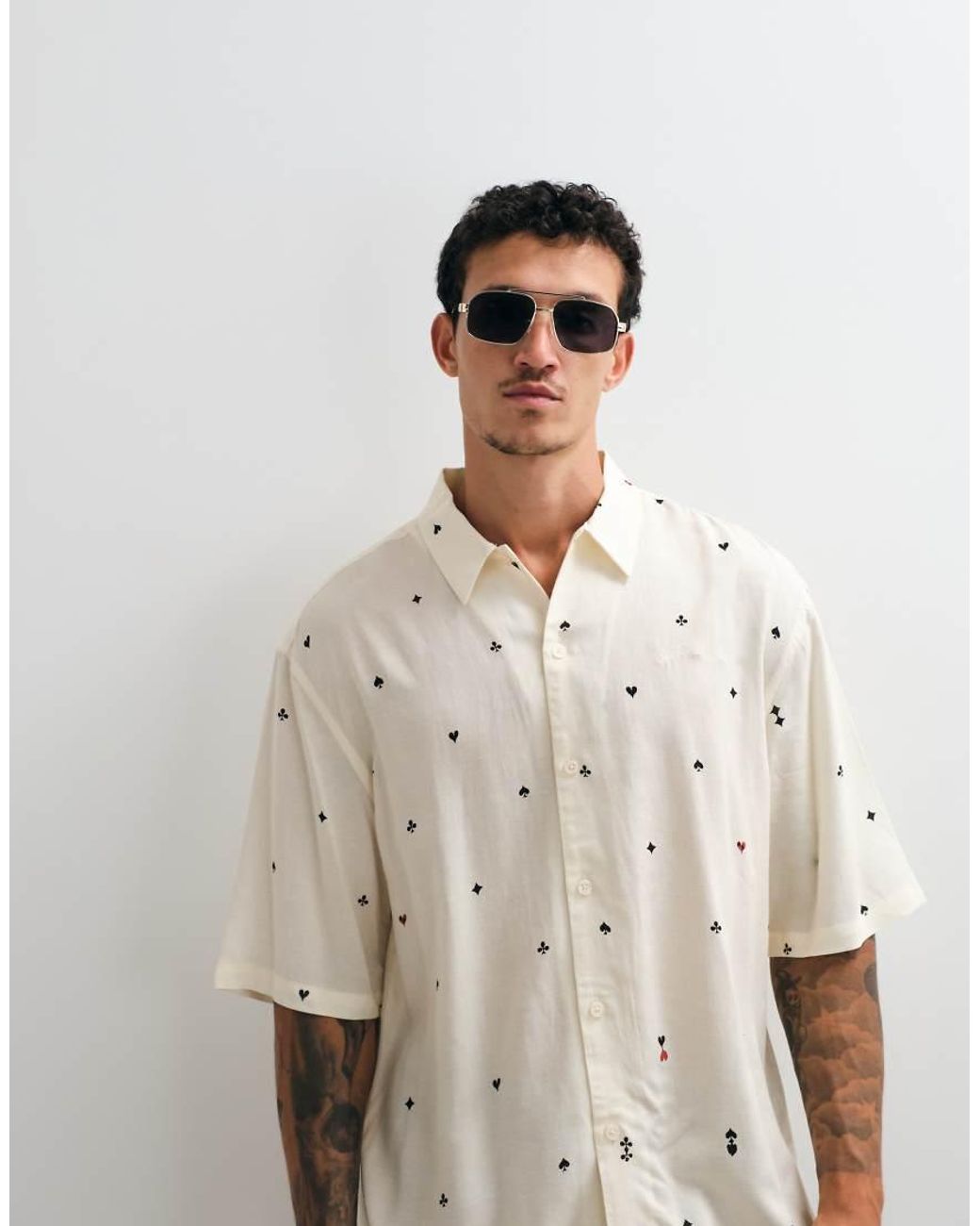 AllSaints Natural Cardsuit Short Sleeve Printed Shirt for men