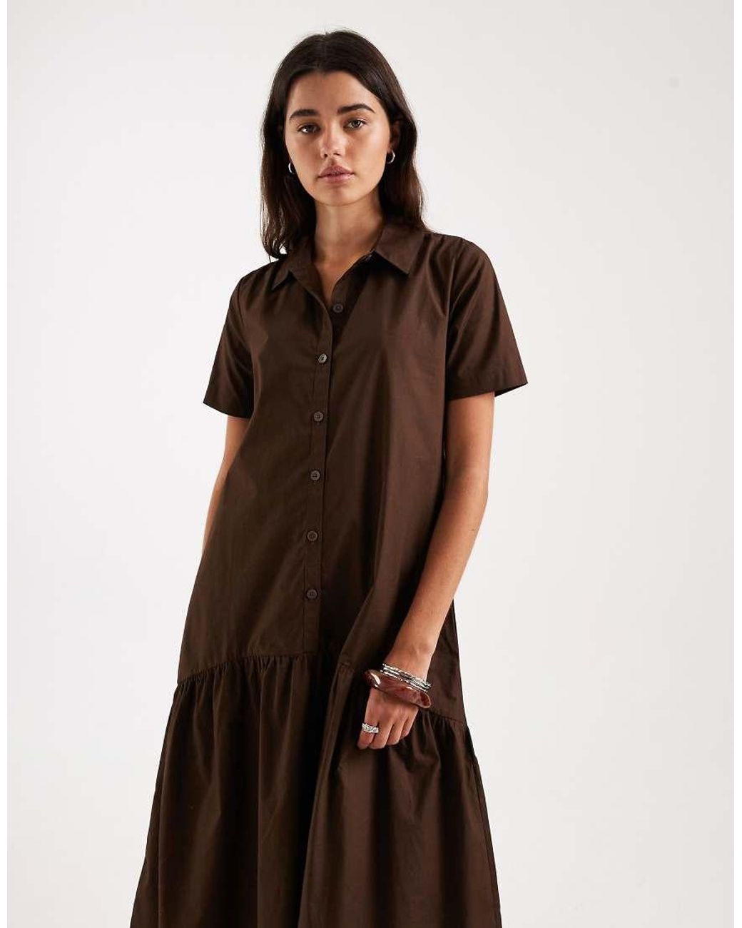 Threadbare Brown Poplin Tiered Midi Shirt Dress