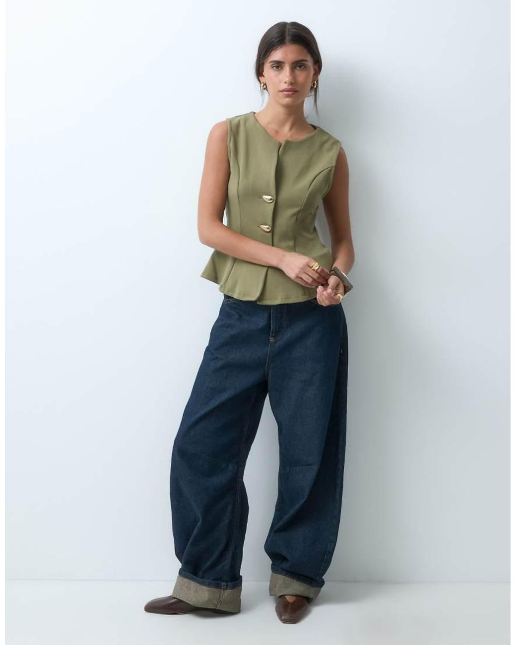 ASOS Green Interlock Sleeveless Peplum Top With Gold Abstract Button Detail