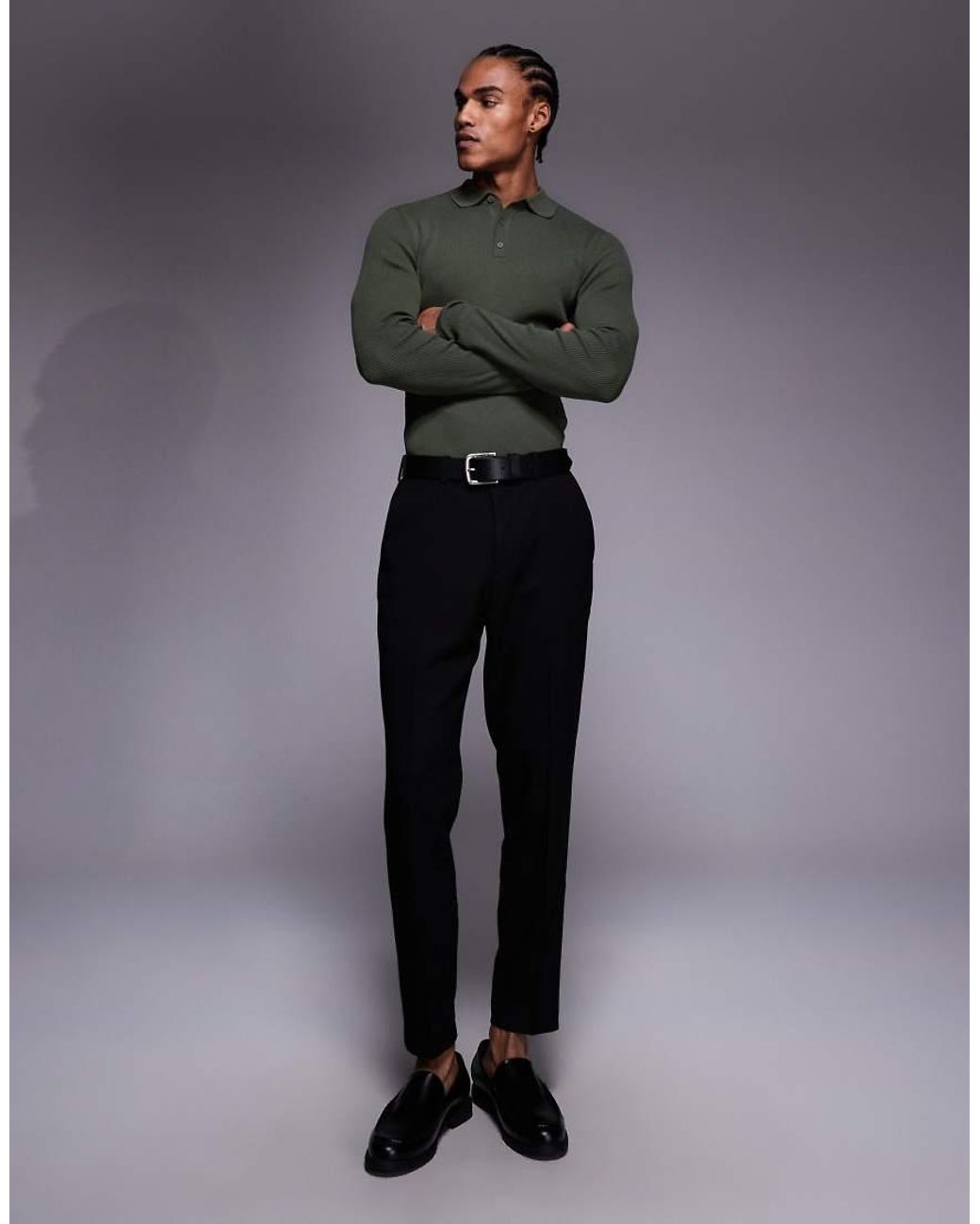 ASOS Gray Essential Muscle-fit Fine-rib Knit Polo for men