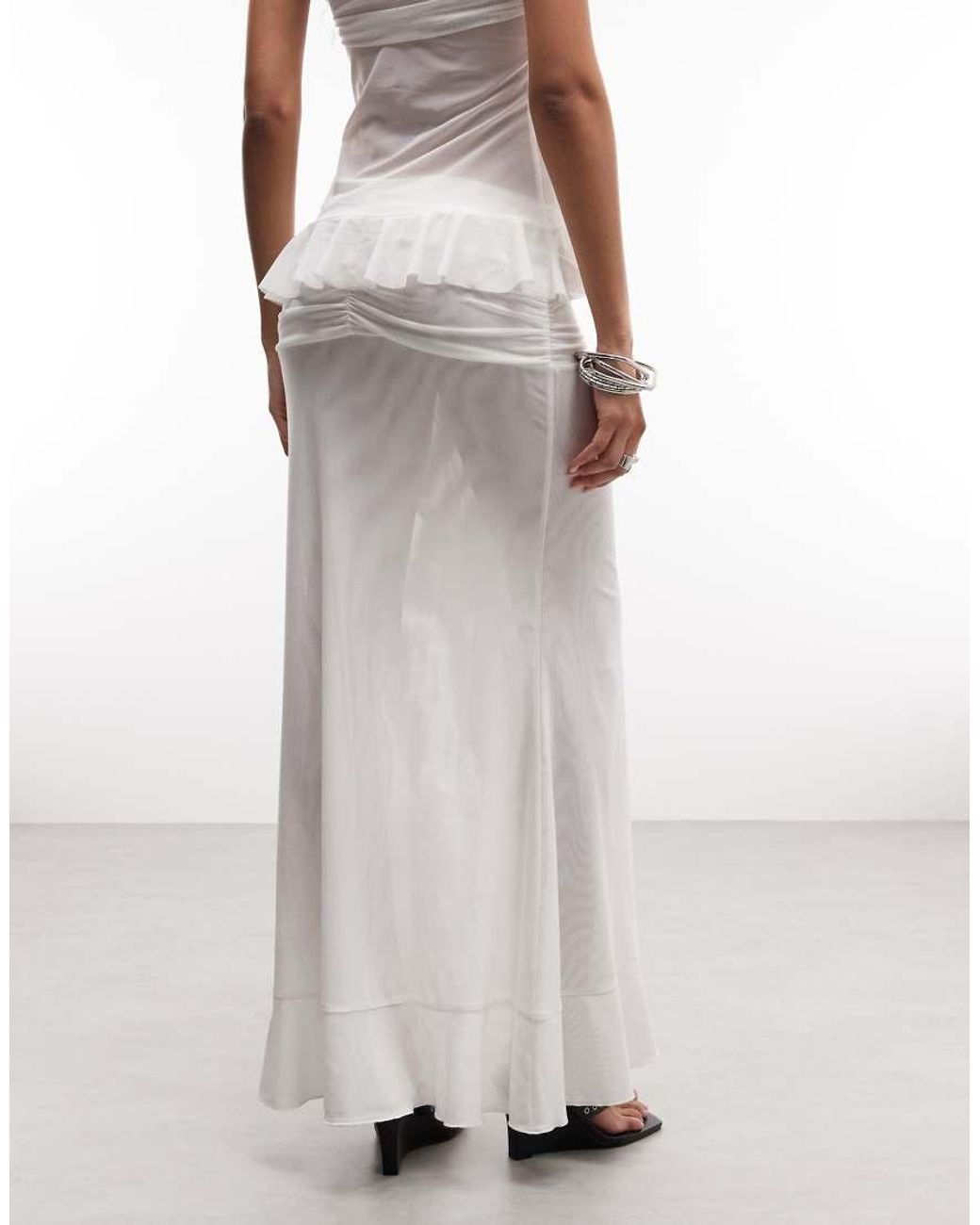 I.AM.GIA White Emilia Mesh Ruched Tie Waist Ruffle Thigh Split Maxi Skirt Co-ord
