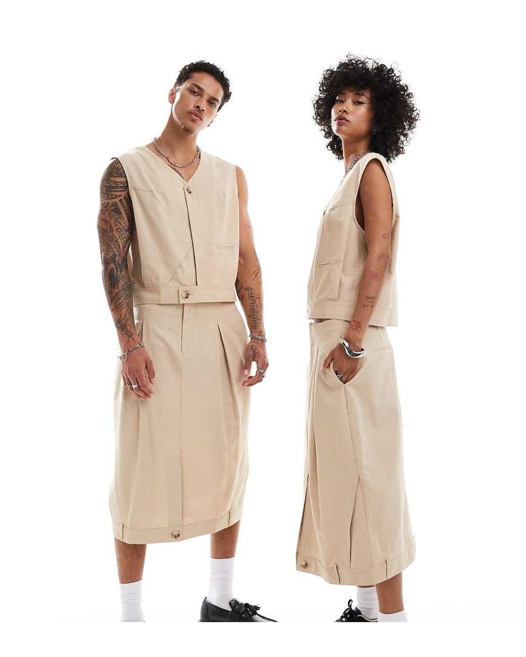 Reclaimed vintage Linen Look Midi Skirt in Natural Lyst UK