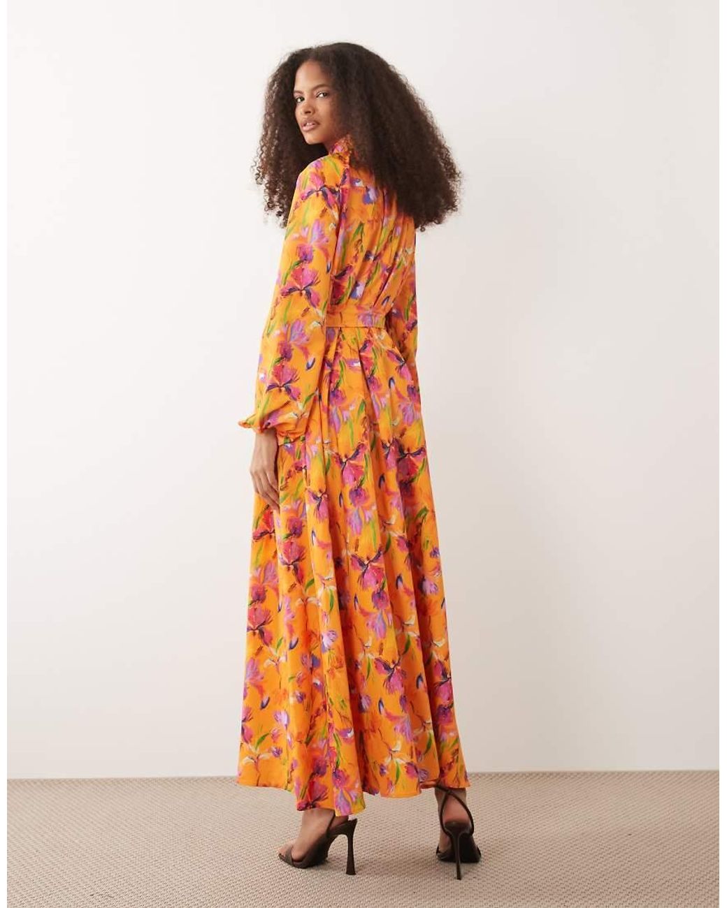 Iyal Orange High Neck Balloon Sleeve Tie Waist Maxi Dress