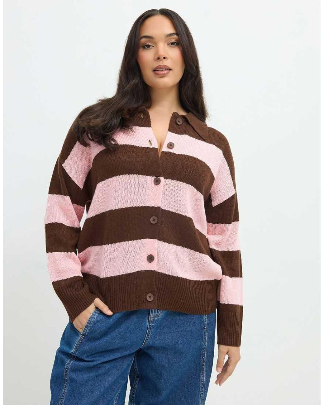 Yours Clothing Brown Stripe Knitted Collared Cardigan