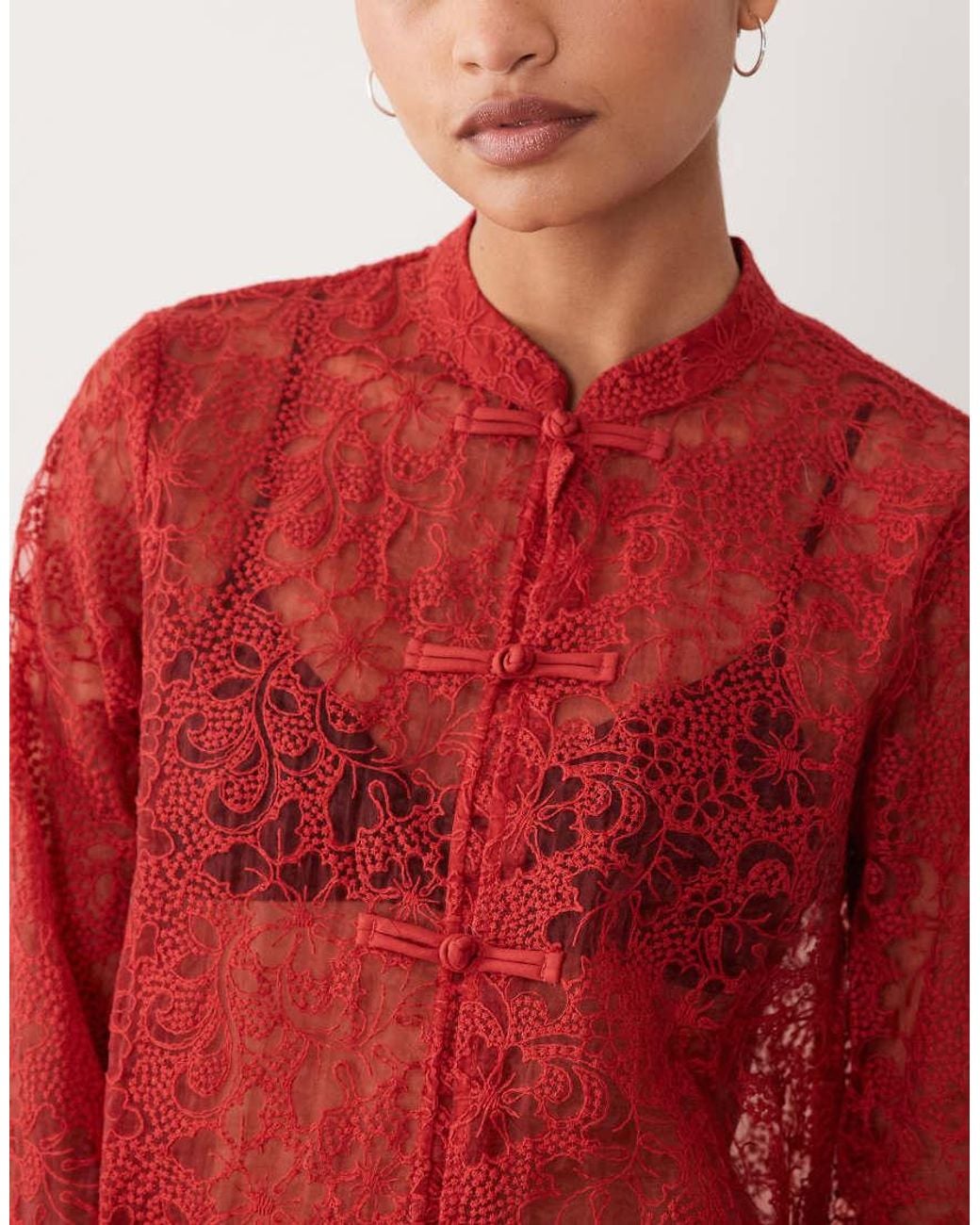 Object Red Long Sleeve Sleeve Mandarin Button Front Lace Top
