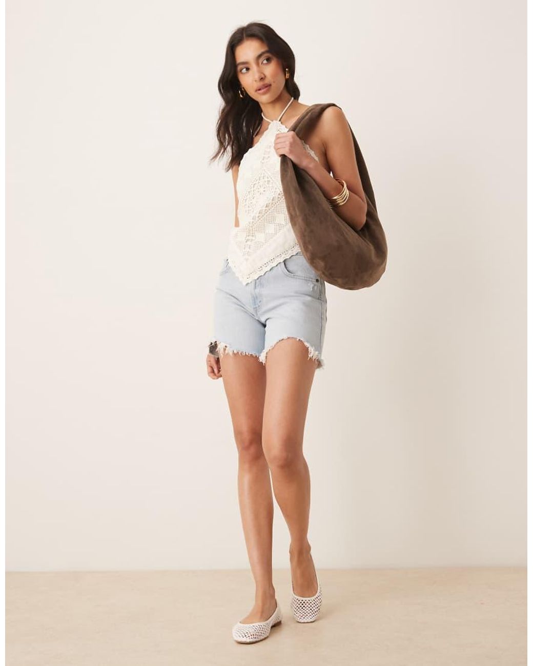 Abercrombie & Fitch Natural High Rise Dad Denim Shorts With Frayed Hem