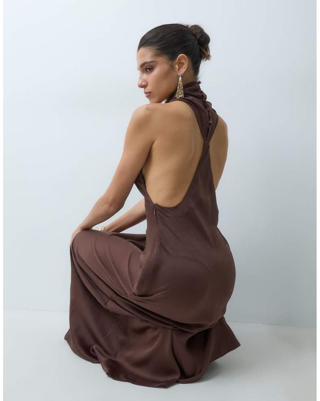 ASOS Brown Funnel Neck Bias Cut Sleeveless Satin Maxi Dress