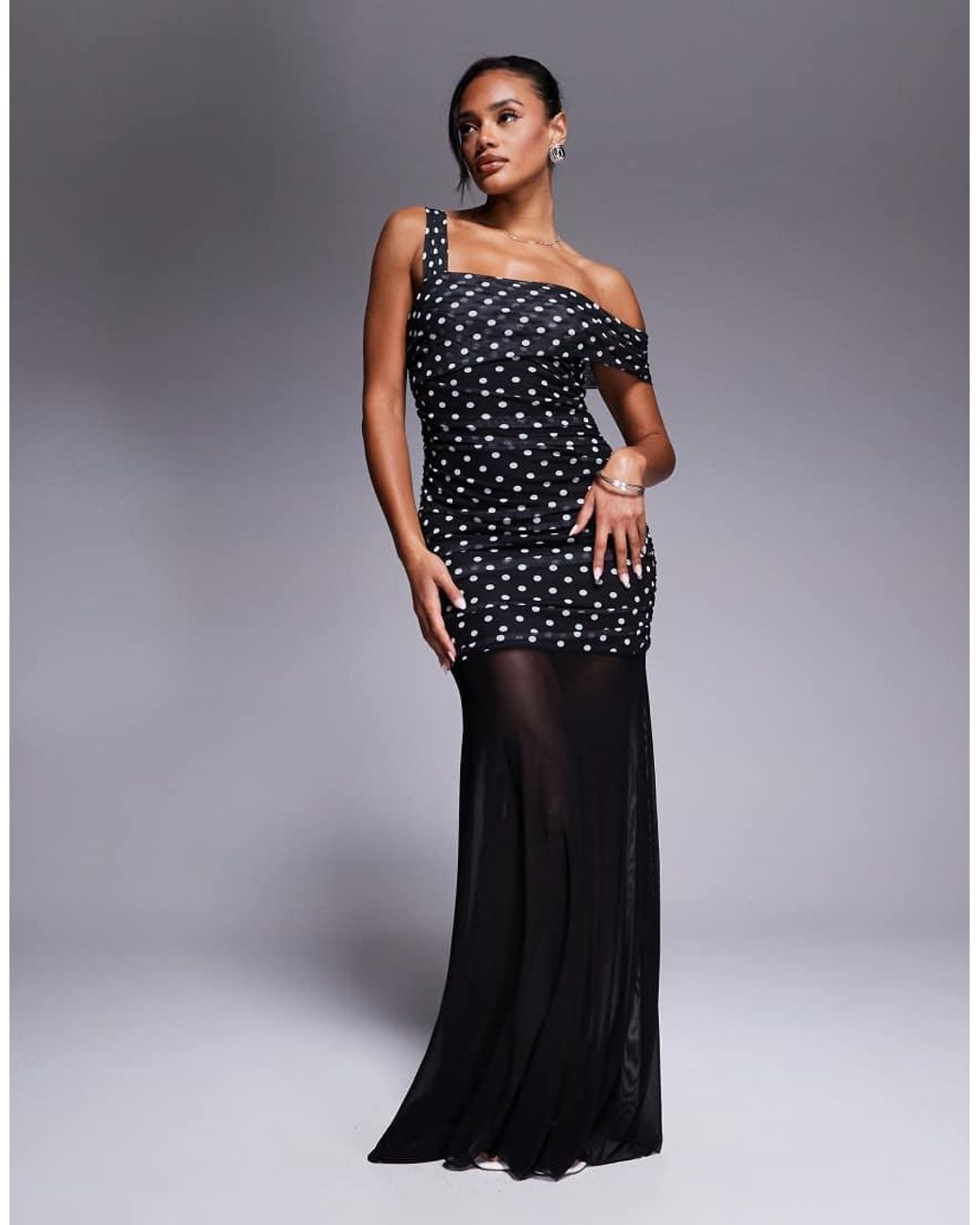 Kaiia Exclusive Double Layered Slinky Asymmetric One Shoulder Sheer Hem  Maxi Dress in Black