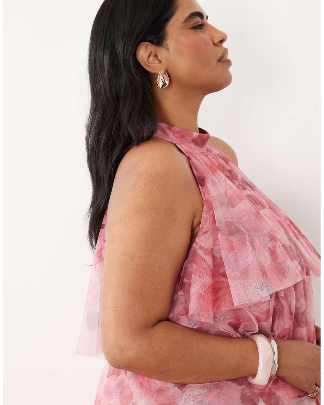 Lace & Beads Plus Pink Tulle High Neck Layered Mini Dress