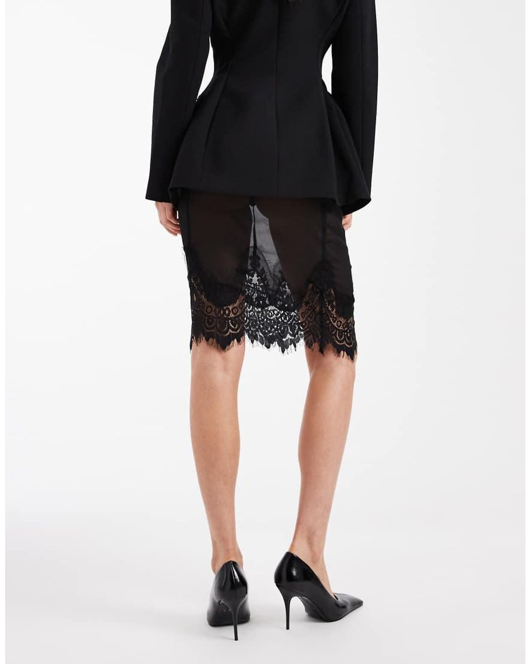 ASOS Black Chiffon Sheer Lace Trim Midi Skirt