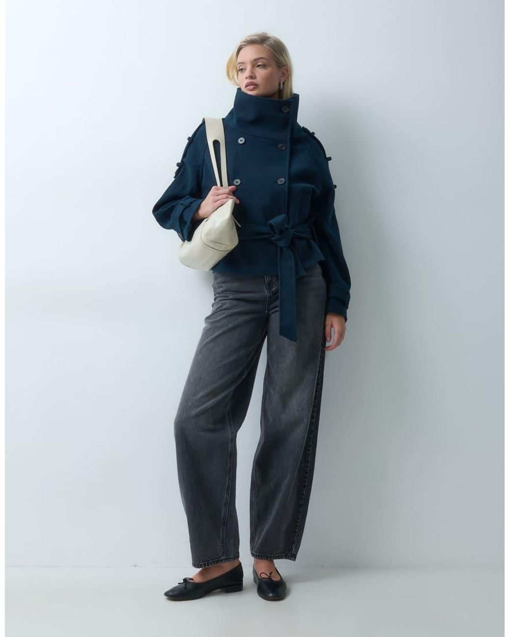 Gina Tricot Blue High Neck Short Jacket With Wool