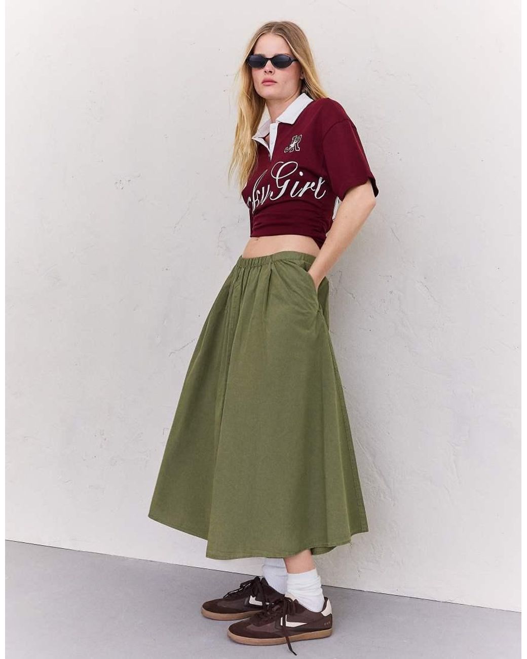 Bershka Green Elasticated Waist Midi Skirt