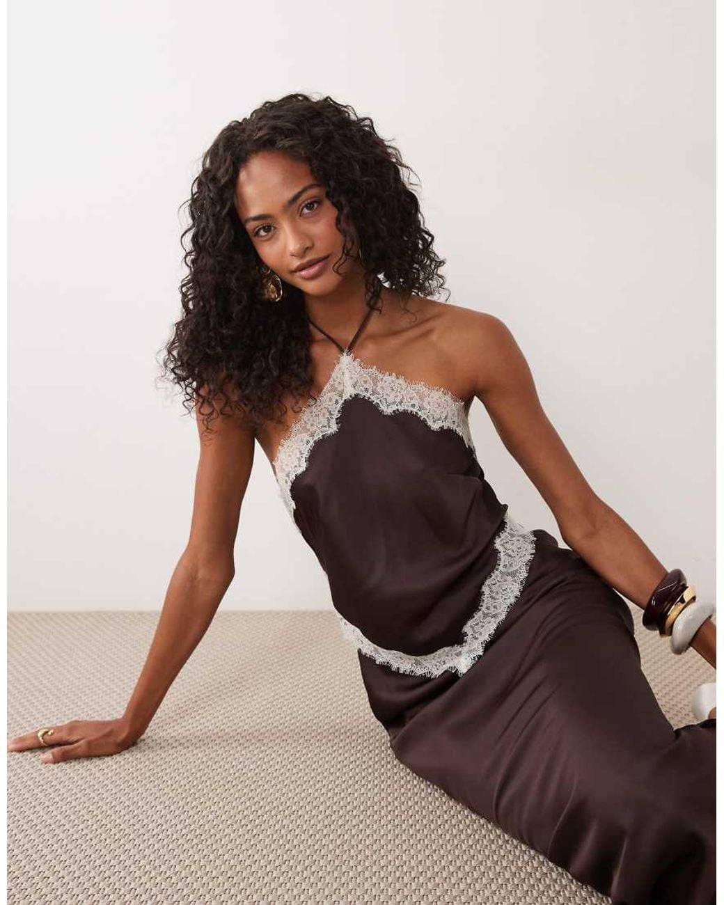 Forever New Brown Halter Neck Maxi Dress With Lace Trim