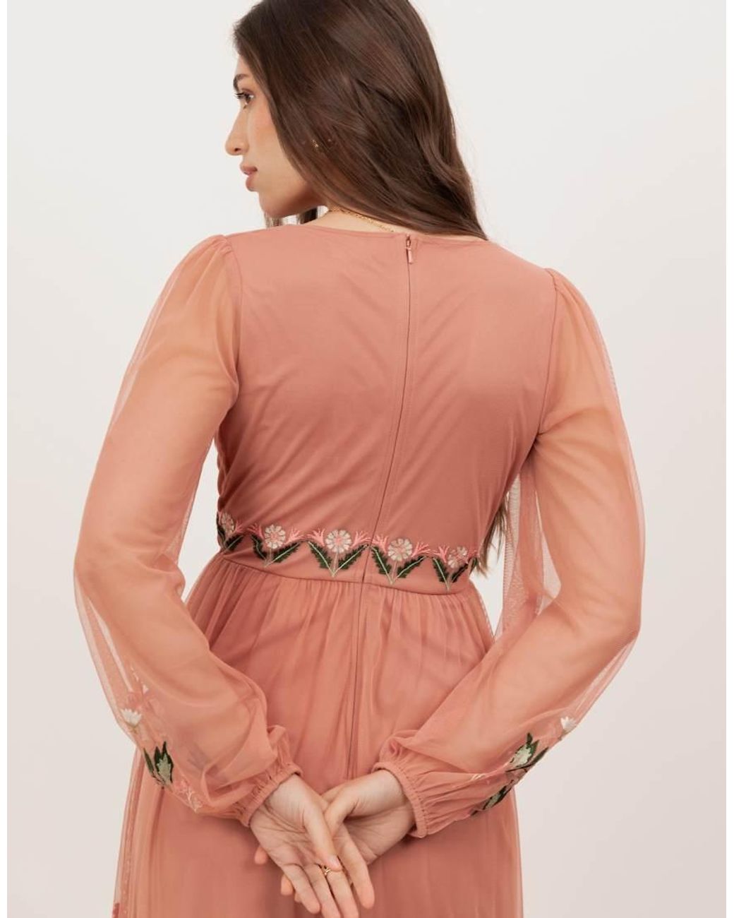Maya Pink Embroidered Faux Wrap Long Sleeve Midaxi Dress