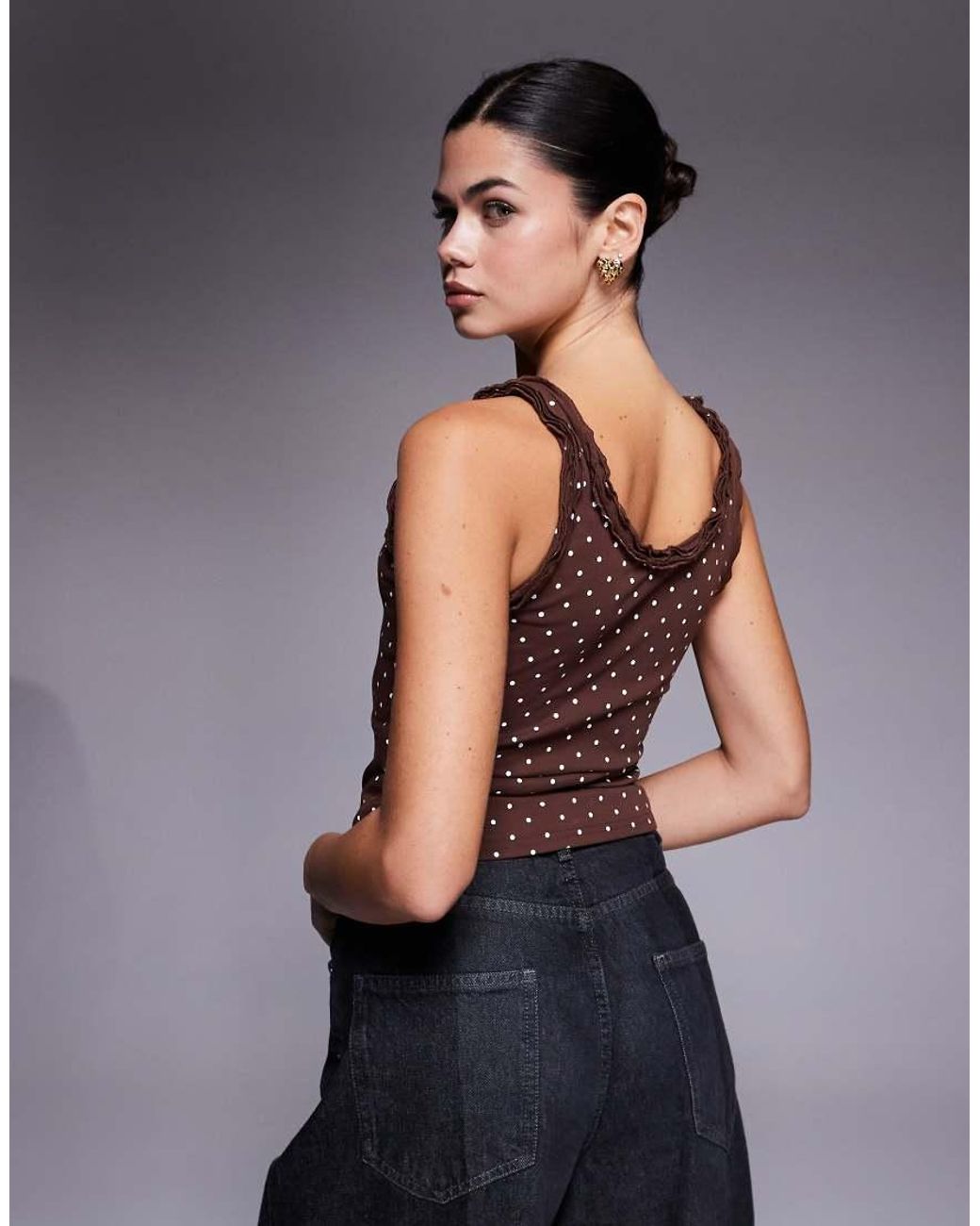 Edikted Gray Pippen Ruffle Polka Dot Tank Top