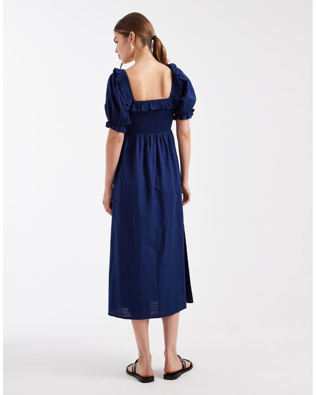 New Look Blue Shirred Frill Trim Midi Dress