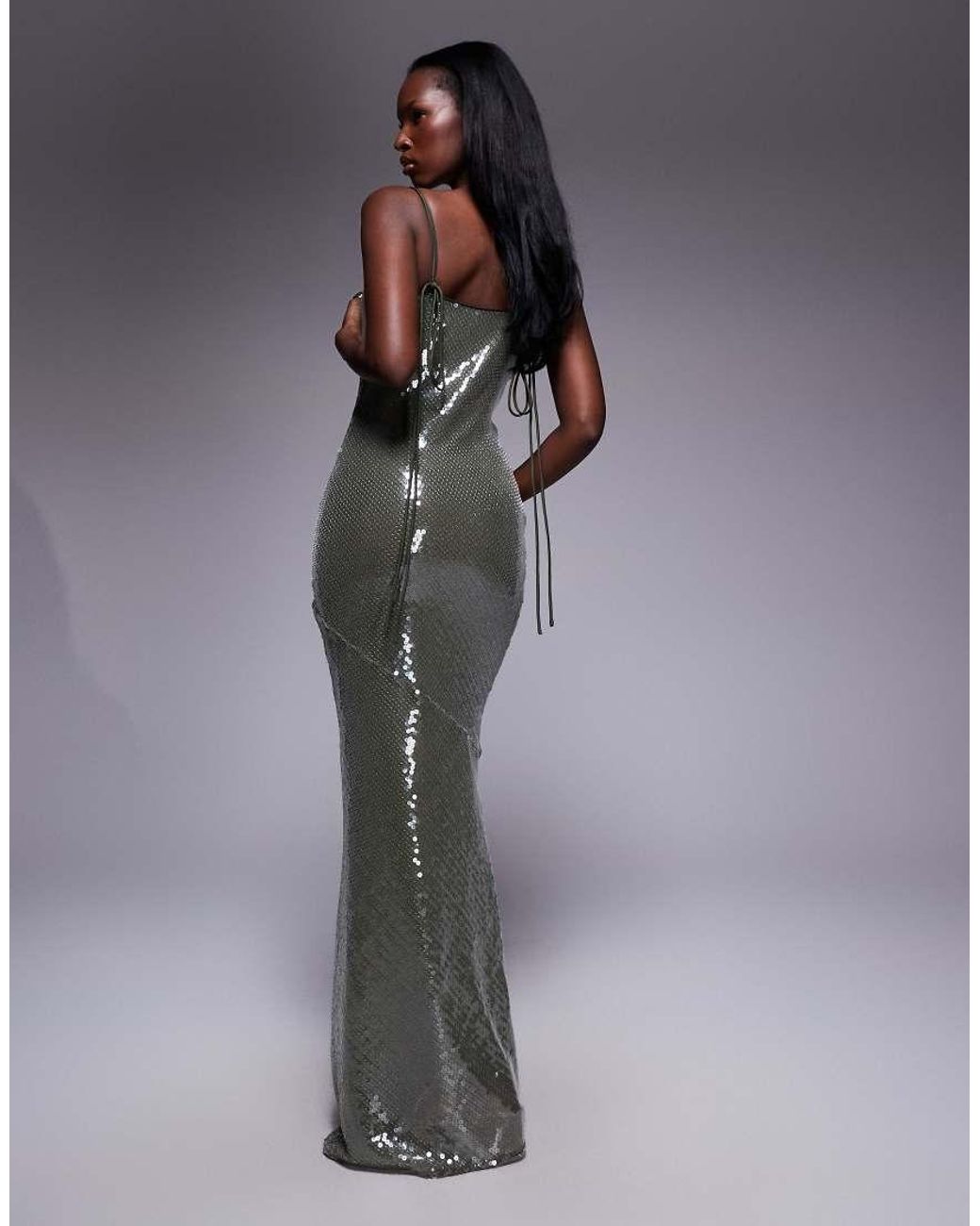 ASOS Gray Sheer Sequin Cowl Neck Maxi Dress With Strappy Back