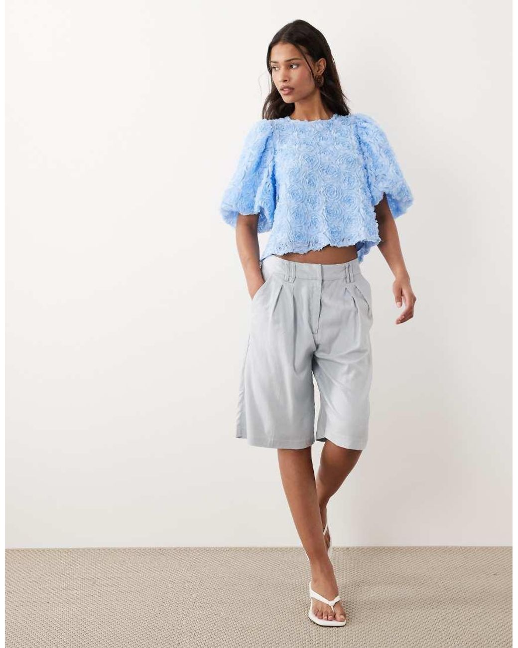 Vila Blue Floral Jacquard Short Sleeve Top
