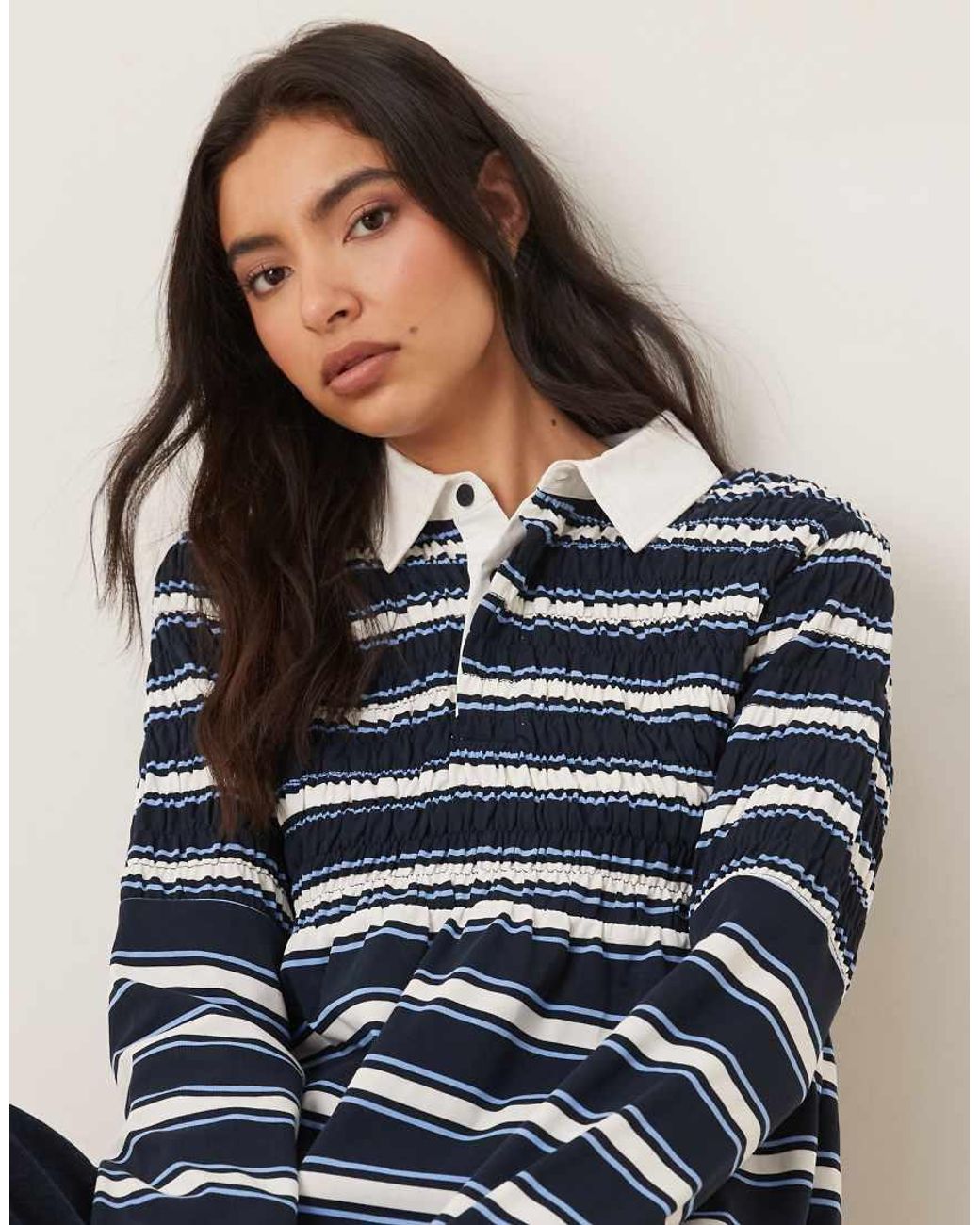 Nia Blue Barrington Shirred Striped Collared Polo Top