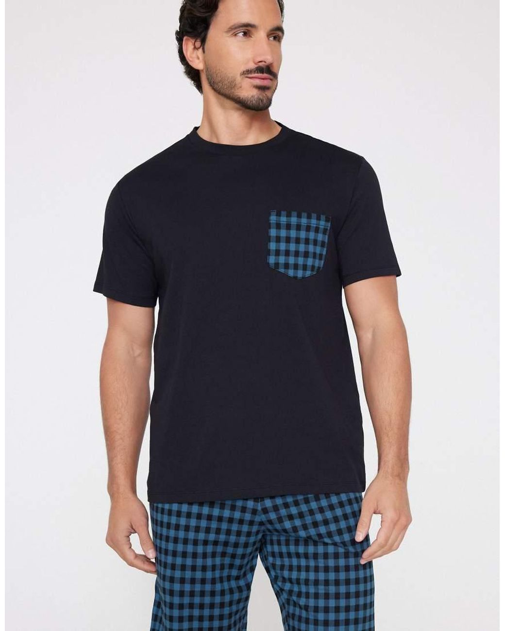 Tezenis Blue Short Checked Cotton Pyjamas With Pocket for men