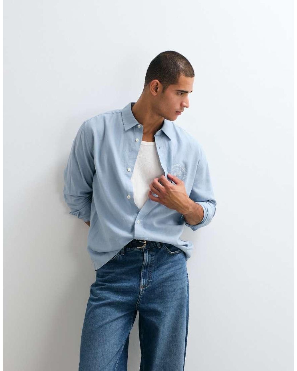 ASOS Blue Relaxed Linen Blend Shirt With Chest Embroidery for men