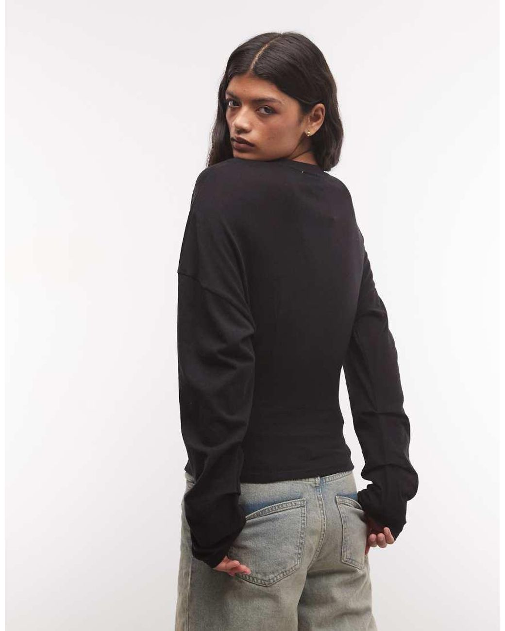 Weekday Black Henley Long Sleeve Top With Cinched Waist
