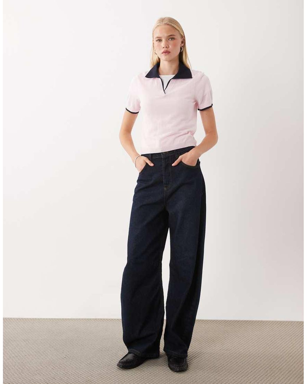 Mango Pink Knit Short Sleeve Polo Top With Contrast Trim
