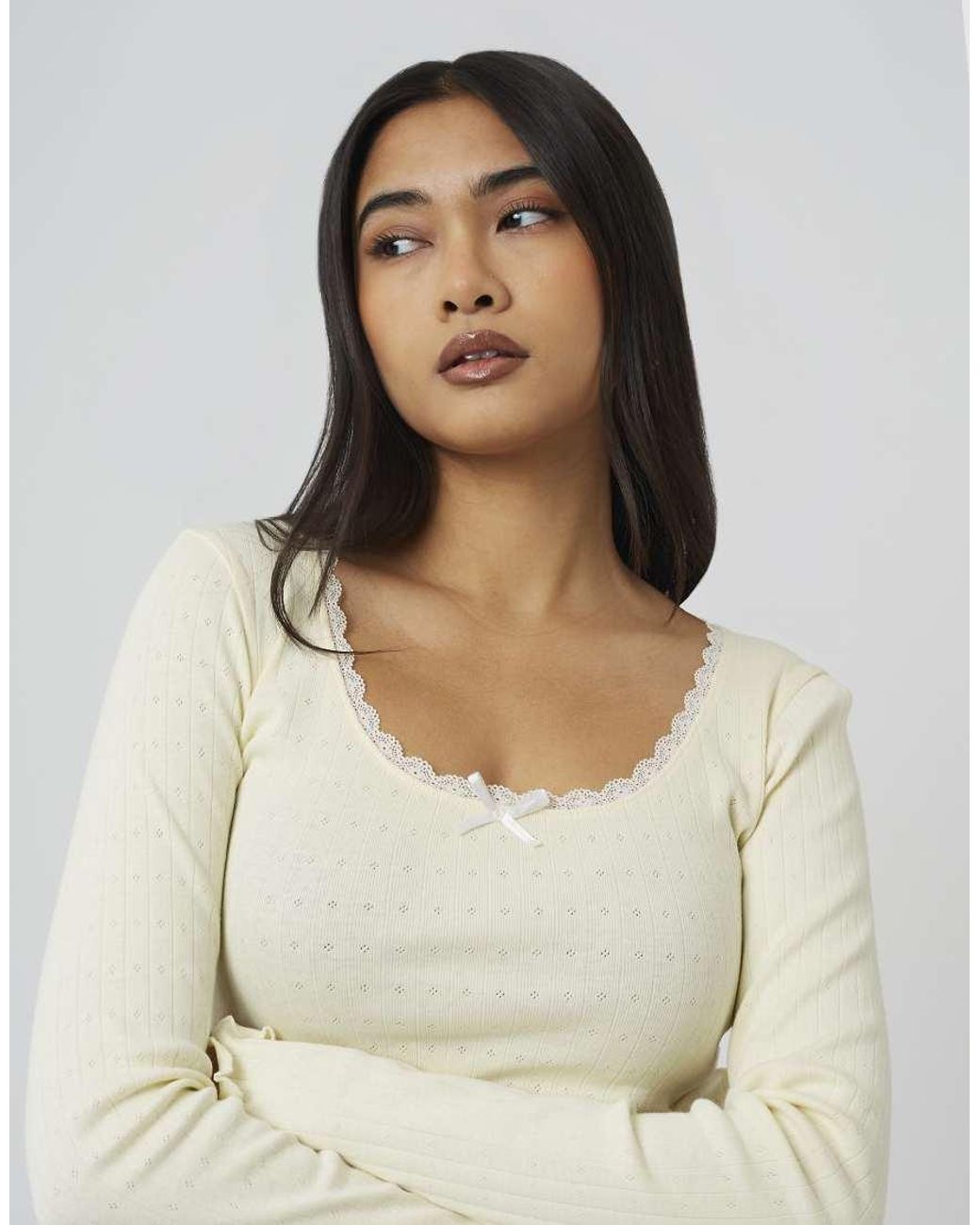 Brave Soul White Long Sleeve Pointelle Top With Lace Trim And Bow