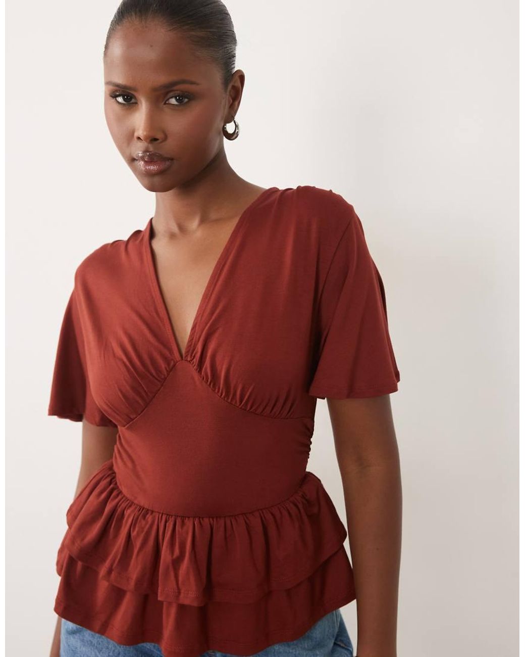 ASOS Red V Neck Top With Ruffle Peplum Hem