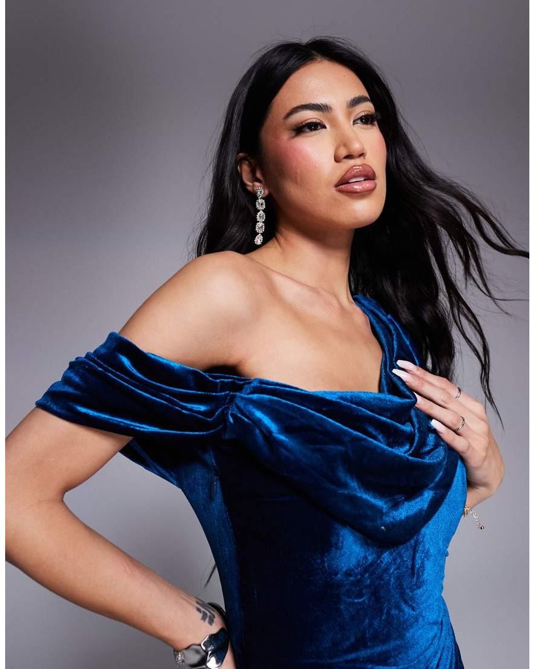 Goddiva Blue Cowl One Shoulder Velvet Maxi Dress