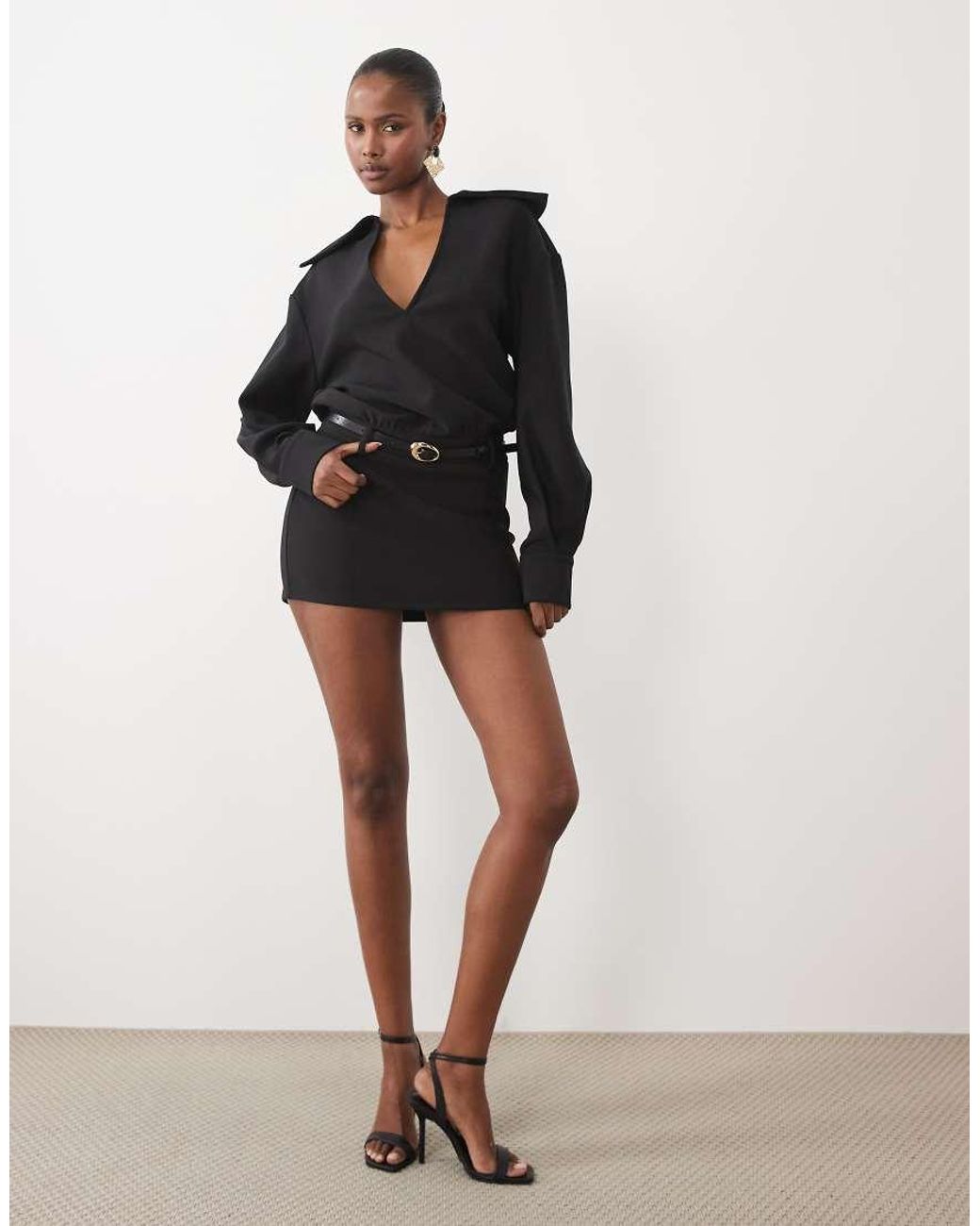 Noughts & Kisses Black Plunge Neck Collared Balloon Sleeve Gold-tone Belted Mini Dress