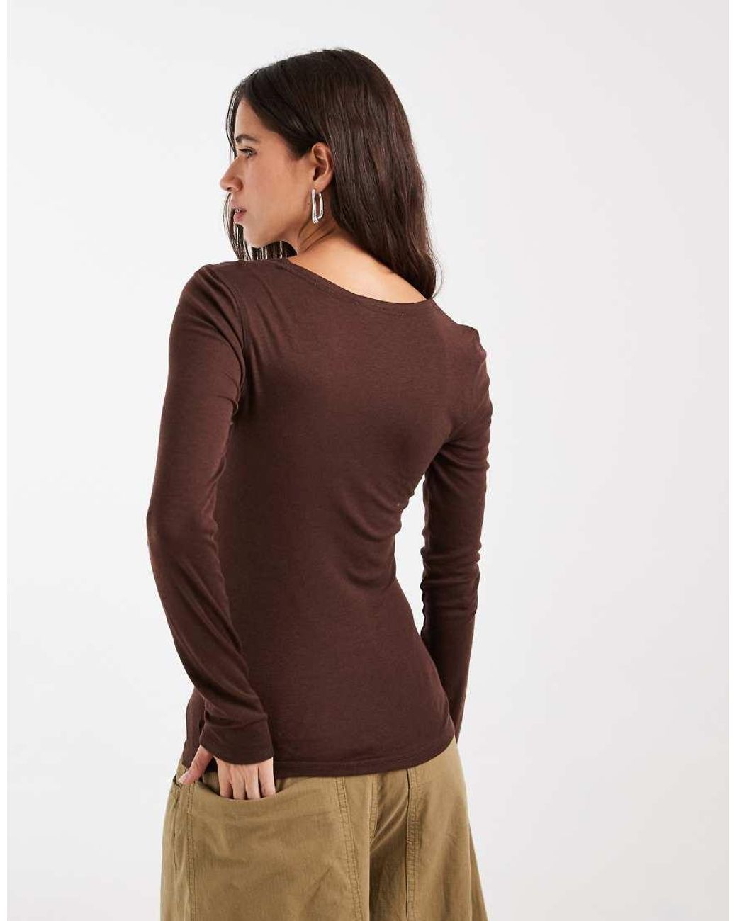 ASOS Brown Lyocell Blend Scoop Neck Long Sleeve Top