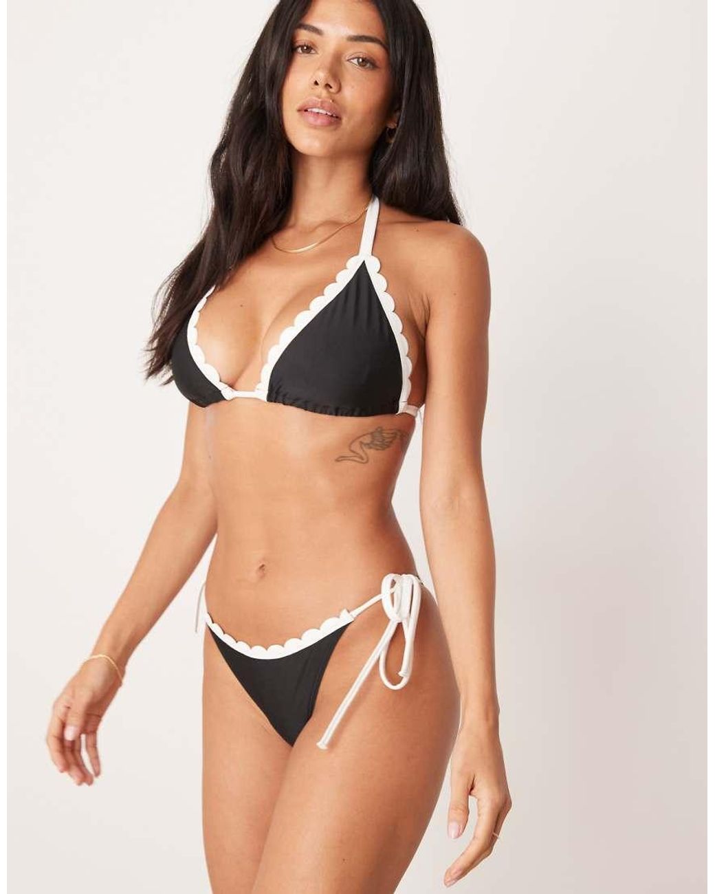 Peek & Beau Black Tieside Bikini Bottom With Contrast Scallop Edge