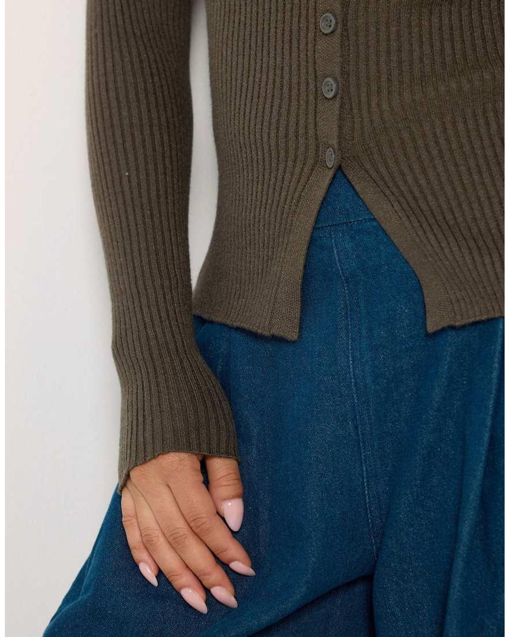 PixieGirl Brown Petite Ribbed Button Scoop Neck Jumper