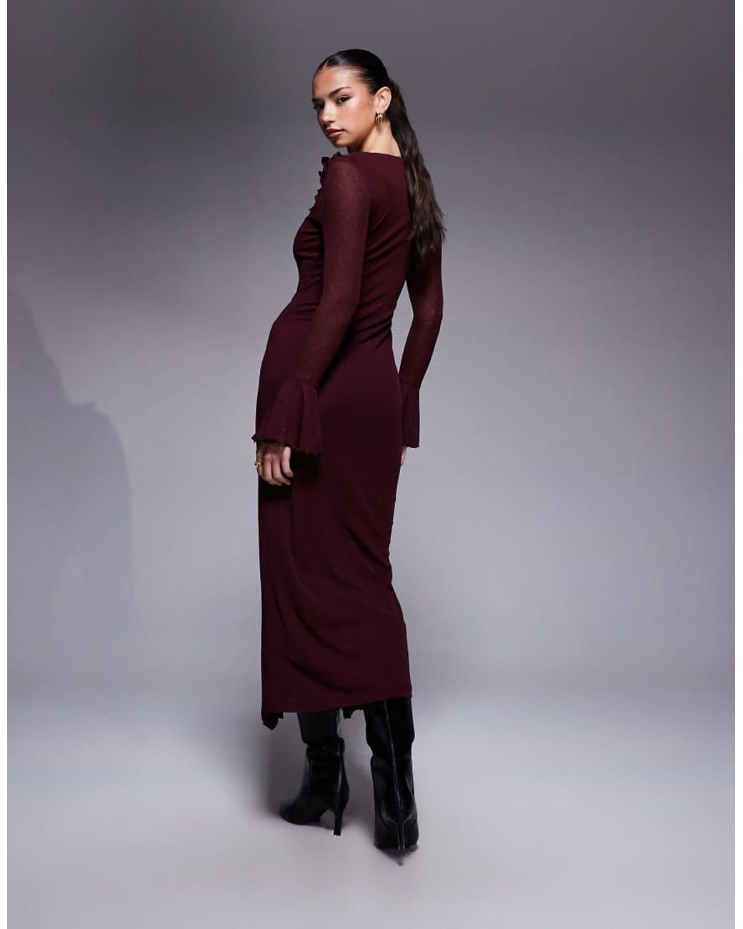 ASOS Purple Frill Detail Long Sleeve Maxi Dress With Fluted Sleeve