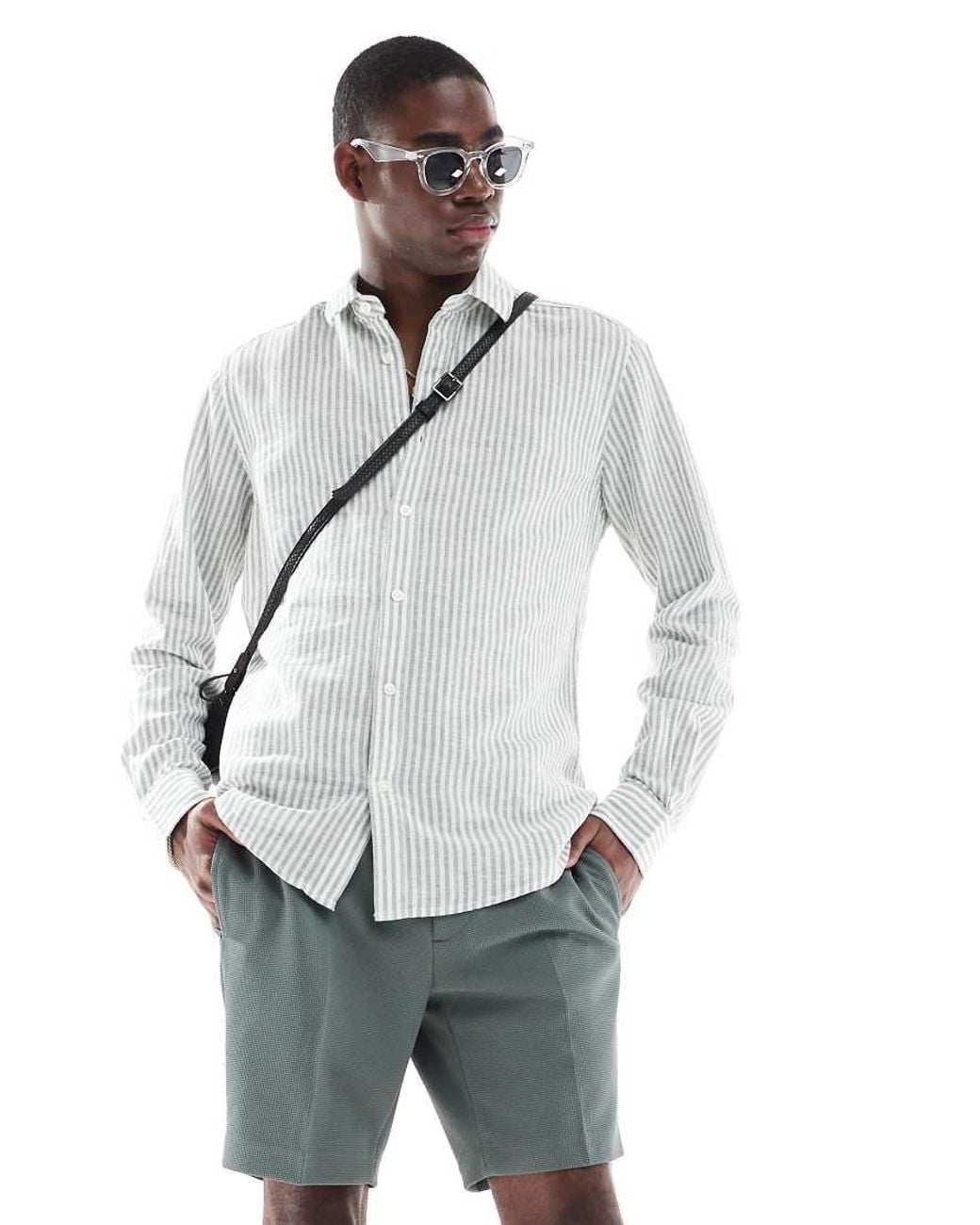 Only & Sons White Linen Mix Long Sleeve Shirt for men