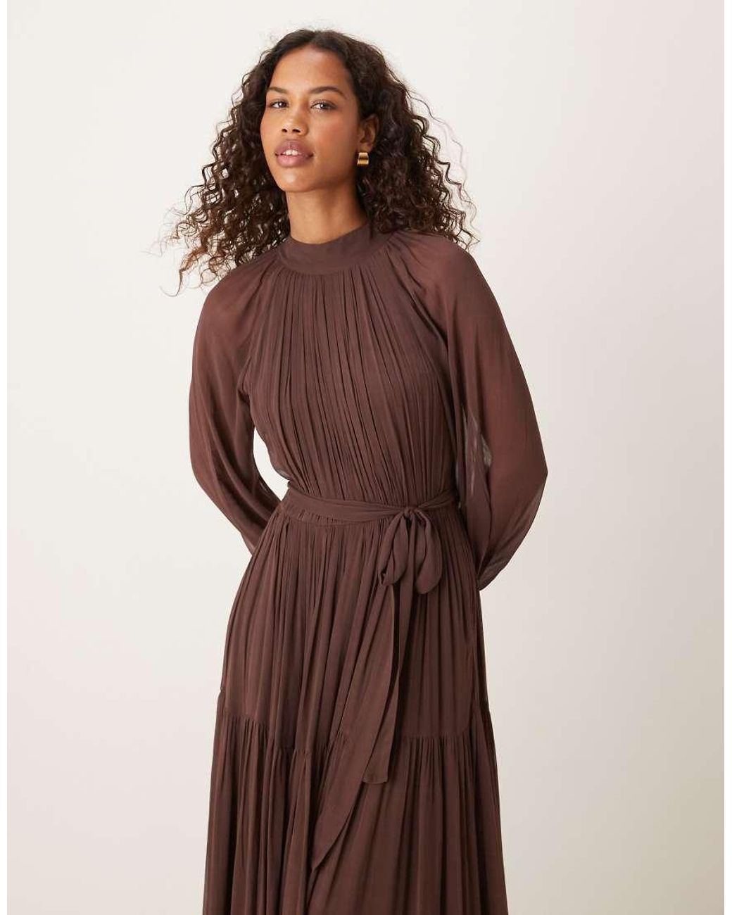 LACE & BEADS Brown Chiffon Balloon Sleeve Maxi Dress