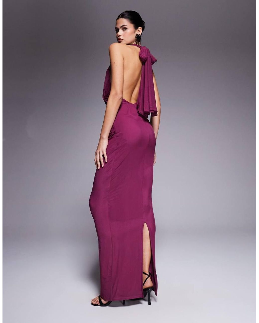 ASOS Purple Twisted Bust Detail Mesh Maxi Dress With Tie Back Halter Neck