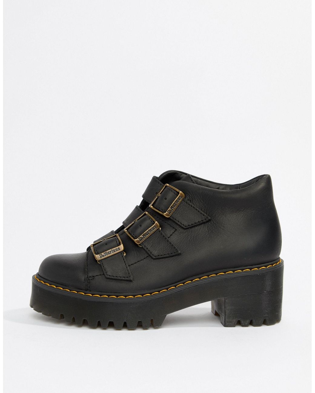 Dr. Martens Coppola Leather Triple Strap Heeled Ankle Boots in Black | Lyst  Australia