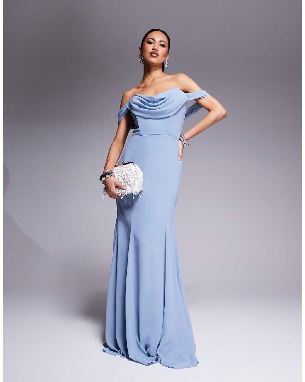 Goddiva Blue Chiffon Bardot Cowl Neck Maxi Dress