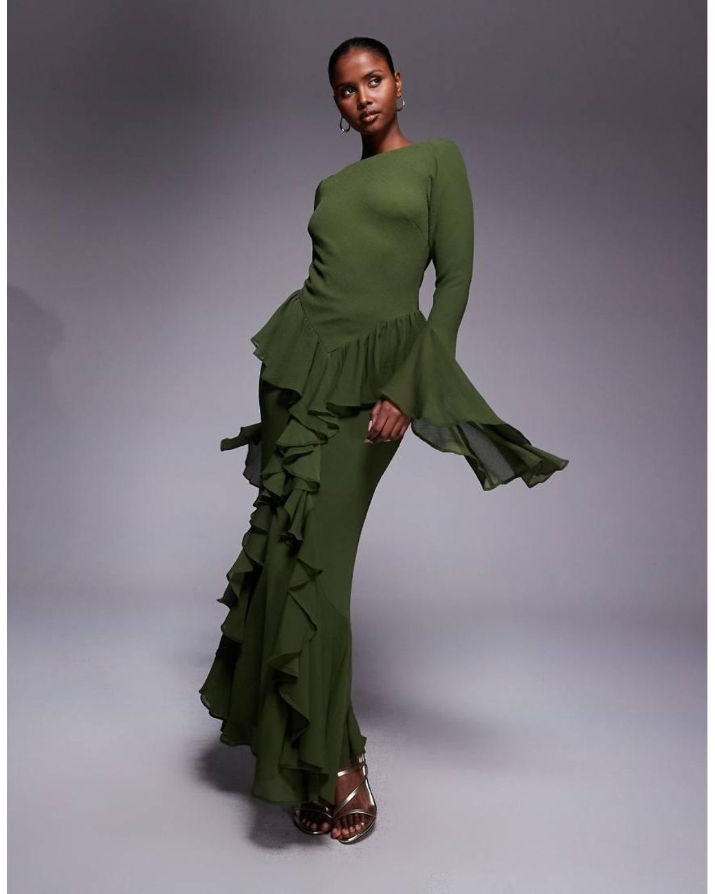 ASOS Green Long Sleeve Ruffle Maxi Dress