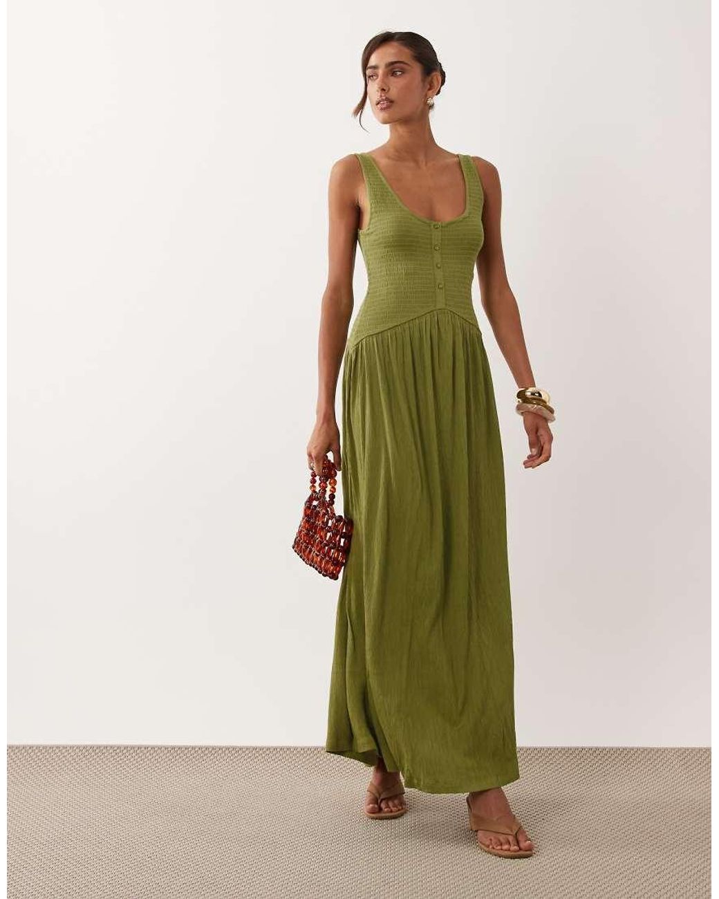 ASOS Green Crinkle Button Through Midi Dress