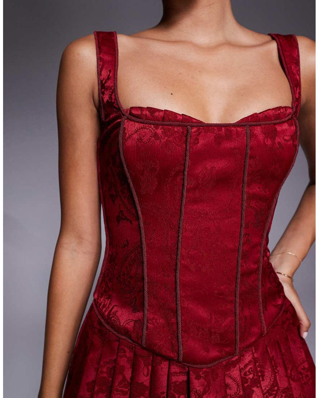 Murci Red Satin Jacquard Structu Corset Square Neck Pleated Mini Dress