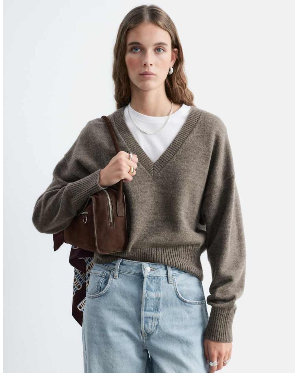& Other Stories Brown V Neck Rib Sweater