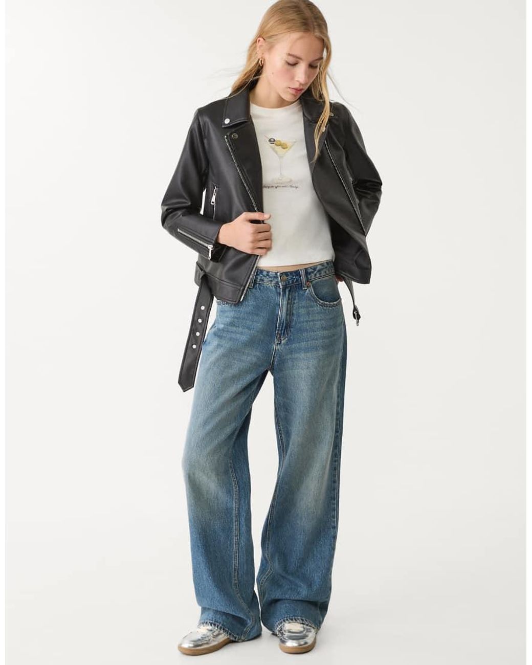 Stradivarius Gray Faux Leather Biker Jacket