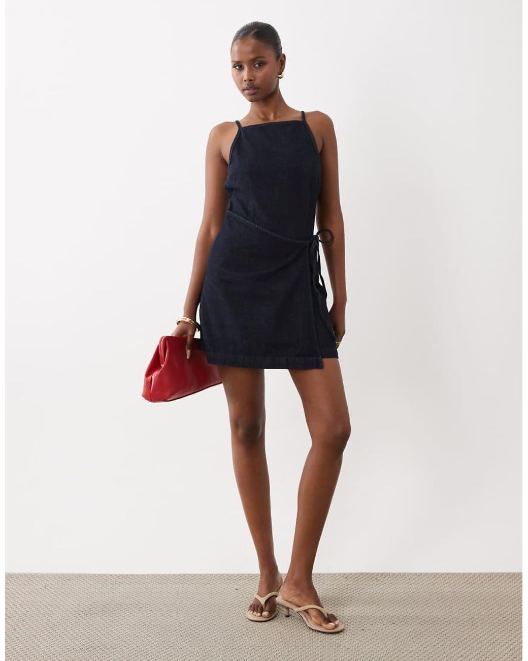 Mango Blue 100% Cotton Denim Tie Waist Mini Dress
