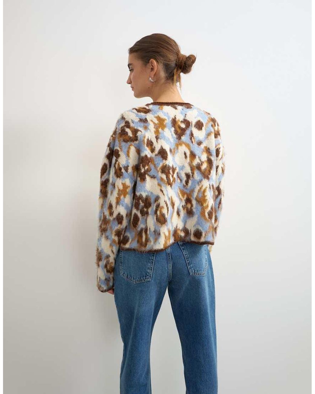 TOPSHOP Blue Knitted Hairy Crew Neck Cardigan