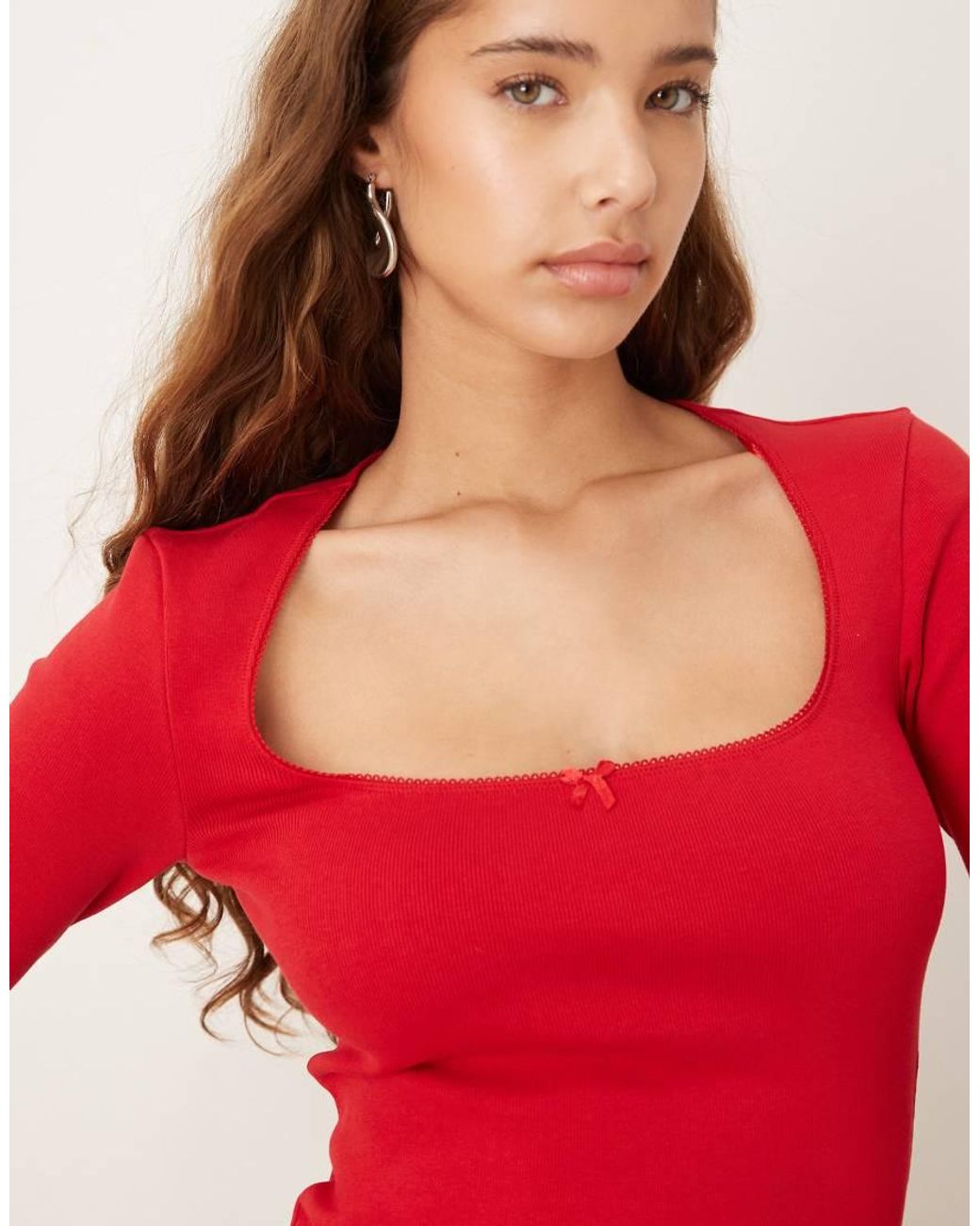 Gina Tricot Red Bow Tight Rib Long Sleeve Top