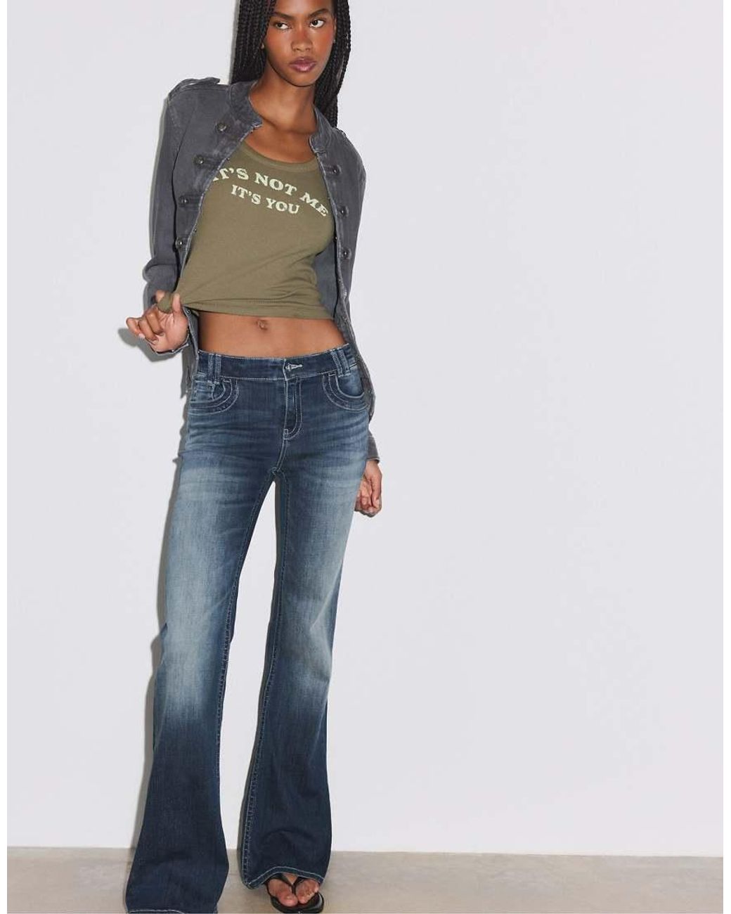 Stradivarius Blue Embroidered Pocket Bell Bottom Jeans
